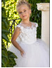 White Floral Lace Tulle V Back Long Flower Girl Dress